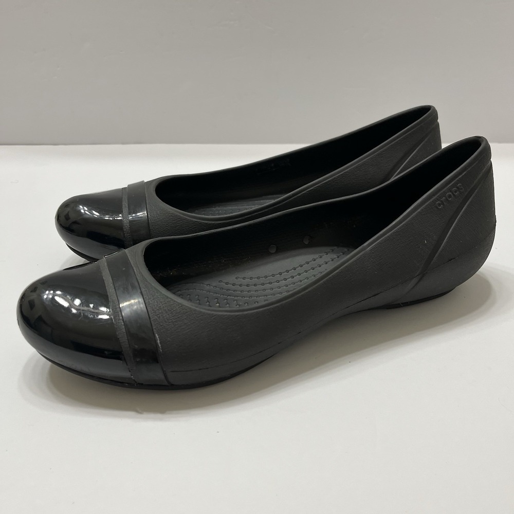 Crocs Cap Toe Ballet Flats Black Rubber Patent Leather Women's 9 Slip On Comfort